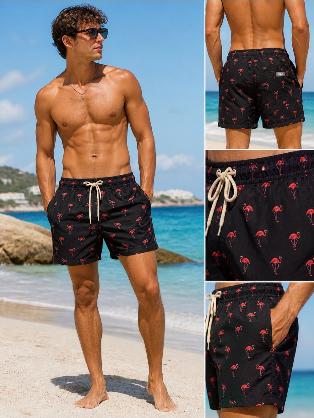OAS Flamingo Print Swim Trunks Men’s Small Black Red Fast Dry Mesh Lined Shorts